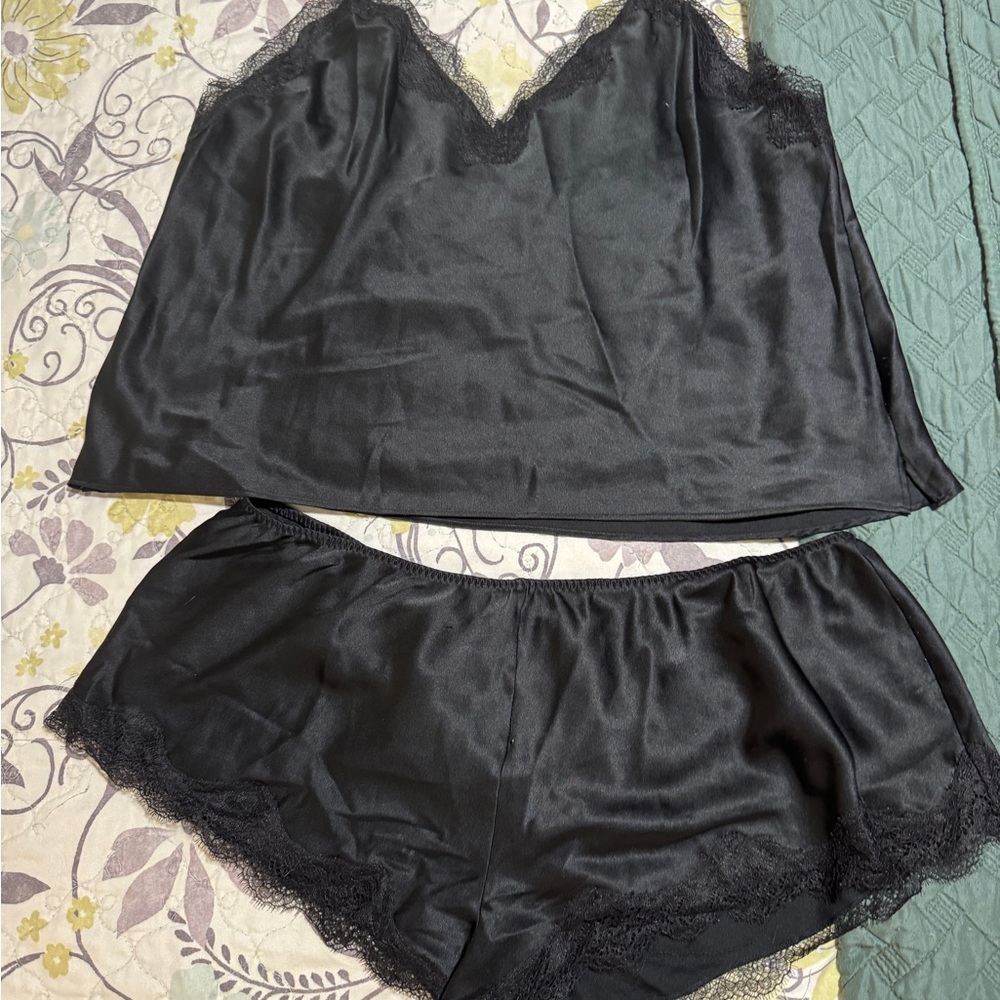 Victoria's Secret Black Satin Lace Pajama Set
